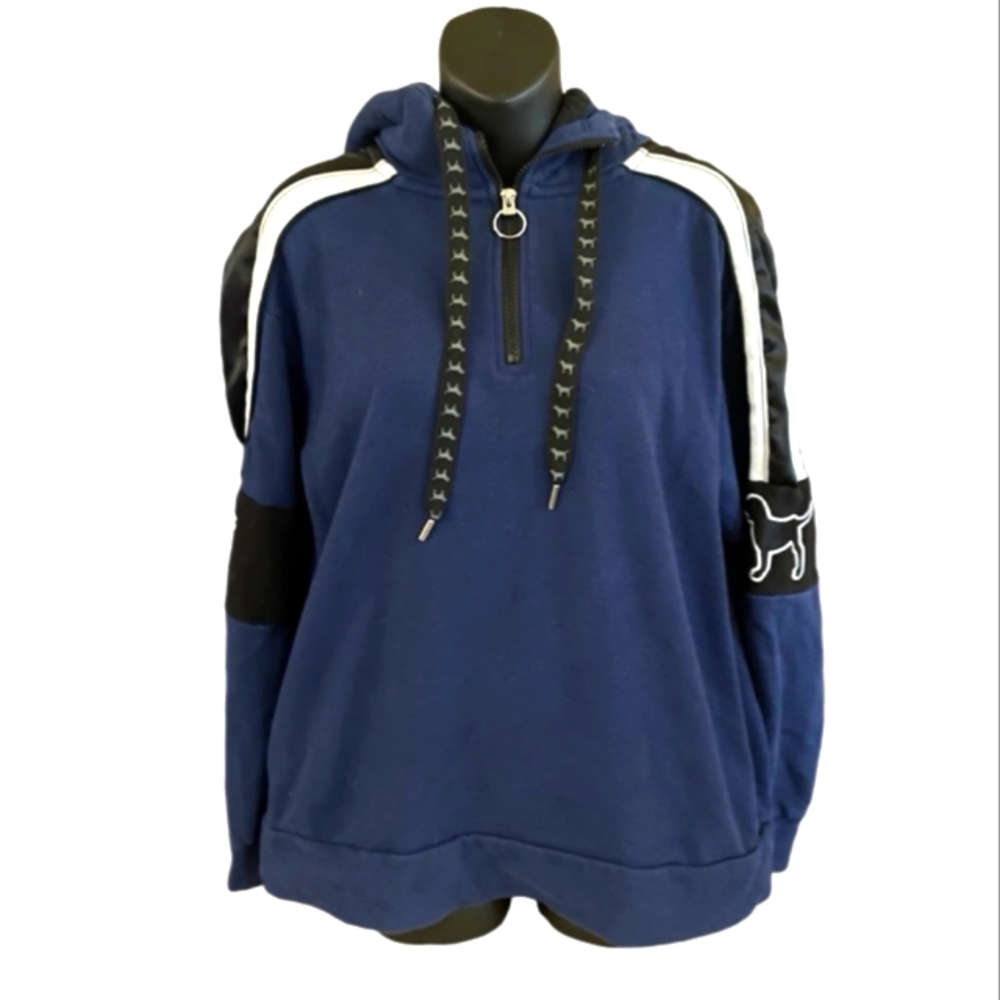 PINK VS Sherpa Satin Dog Quarter Zip Fleece Lined Hood Sweatshirt Navy Blue, Blk - Picture 2 of 4